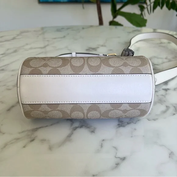 NWT COACH Lacey Barrel Crossbody Signature Canvas Gold Light Khaki Chalk CK689
